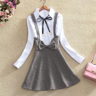 Set: Bow Neck Shirt + Suspender A-line Skirt