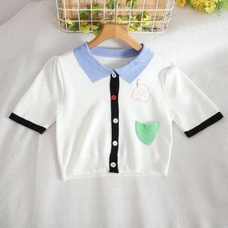 Short-sleeve Contrast Trim Button-up Knit Top White - One Size
