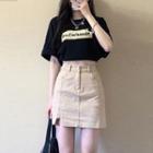 Elbow-sleeve Lettering T-shirt / Denim Mini Pencil Skirt