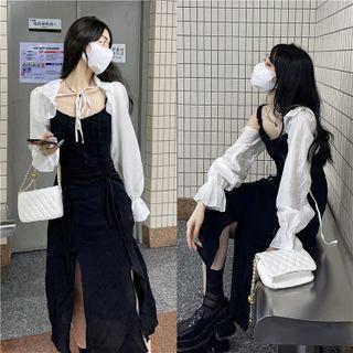 Spaghetti Strap Slit-hem Midi A-line Dress / Ruffled Tie-front Cropped Jacket