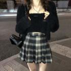 Camisole Top / Cardigan / Plaid A-line Skirt / Set
