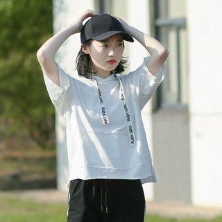 Hooded Lettering Elbow-sleeve T-shirt