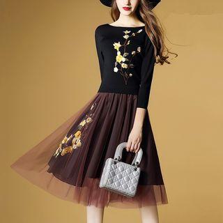 Sheer Panel 3/4-sleeve A-line Dress