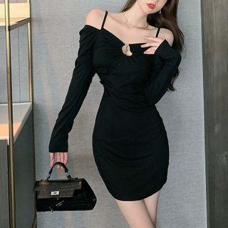 Long-sleeve Off-shoulder Hoop Accent Mini Sheath Dress