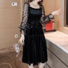 Mesh Sleeve Tiered A-line Velvet Dress