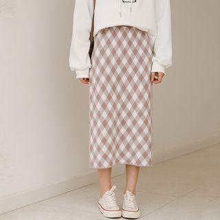 Plaid Knit Midi Pencil Skirt Khaki - One Size