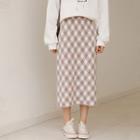 Plaid Knit Midi Pencil Skirt Khaki - One Size
