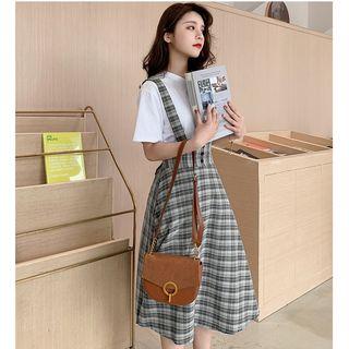 Short-sleeve Lettering T-shirt / Suspender Midi Plaid Skirt