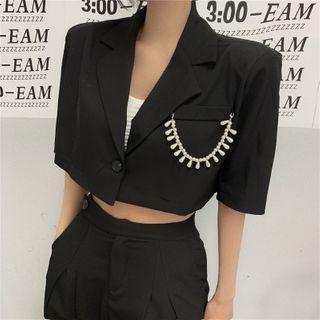 Short-sleeve Faux Pearl One-button Cropped Blazer / Wide Leg Dress Pants