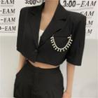 Short-sleeve Faux Pearl One-button Cropped Blazer / Wide Leg Dress Pants
