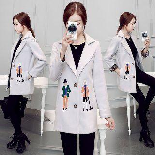 Wool Blend Notched-lapel Embroidered Coat