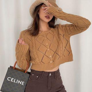 Eyelet Crew-neck Button-up Knit Crop Top In 5 Colors