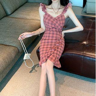 Plaid Ruffle Trim Sleeveless Mini Bodycon Dress