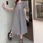 Short-sleeve Check Collared Midi A-line Dress