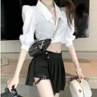 Cropped Puff-sleeve Blouse / Mini Pleated Skirt