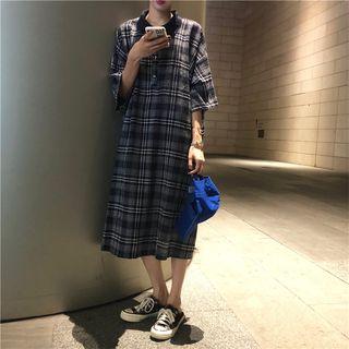 Elbow-sleeve Plaid Midi Shirt Dress