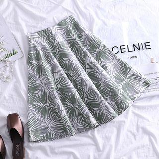 Leaf Print A-line Skirt Green Leaf - White - One Size
