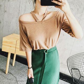 Elbow-sleeve Strap Neck Top