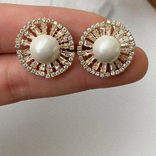 Cz Faux Pearl Stud Earring 1 Pair - Gold - One Size
