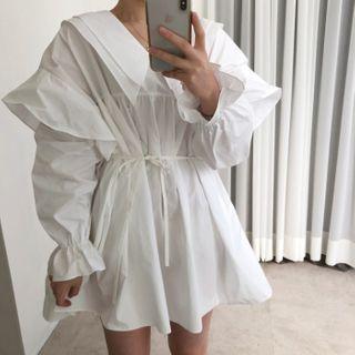 Double Collared Lantern-sleeve Shirt Dress