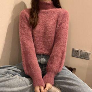 Fleece Semi High-neck Plain Long-sleeve Top