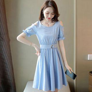 Belted Cold-shoulder A-line Dress