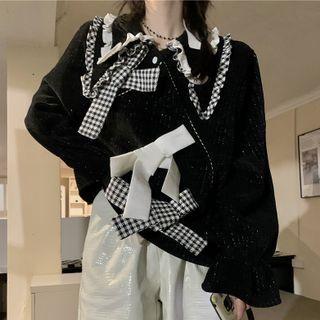 Long Sleeve Collared Bow Top Black - One Size