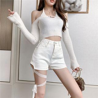 Lace Strap High Waist Denim Shorts