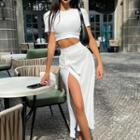 Set: Short-sleeve Cropped T-shirt + Slit Midi Skirt
