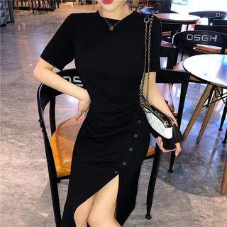 Button-side Short-sleeve Dress Black - One Size