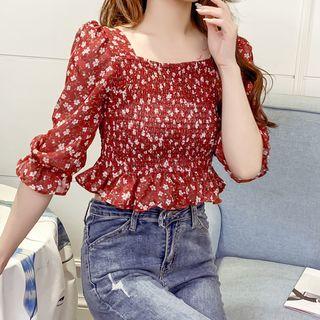 Floral Elbow-sleeve Crop Chiffon Top