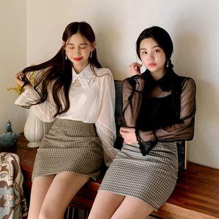 Bell-cuff Sheer Mesh Blouse
