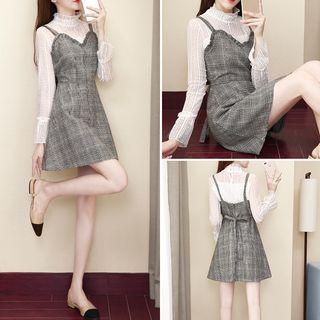 Set: Lace Stand-collar Top + Plaid Dress