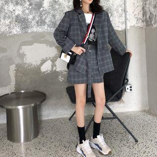Single-breasted Plaid Blazer / Mini A-line Skirt With Belt