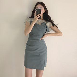 Set: Plain Short-sleeve T-shirt + Spaghetti Strap Sheath Dress Set Of 2 - Blue - One Size