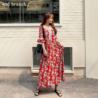 Bell-cuff Fringe-trim Floral Maxi Dress Red - One Size