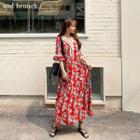 Bell-cuff Fringe-trim Floral Maxi Dress Red - One Size