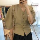 Puff-sleeve Buttoned Top Army Green - One Size