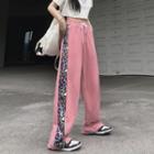 Drawstring Waist Leopard Trim Straight Leg Pants