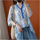 Elbow-sleeve Floral Print Blouse Blue - One Size