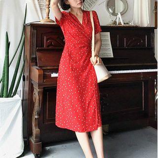 Dotted Short-sleeve Midi A-line Wrap Dress