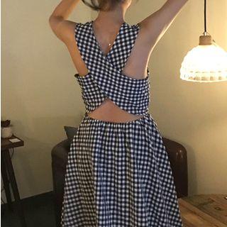 Plaid Sleeveless Cross Strap Midi Dress