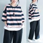 Mock Two-piece 3/4-sleeve Color Block T-shirt Stripes - Pink & Blue - One Size