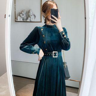 Long-sleeve Mock-neck Velvet Midi Dress