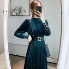 Long-sleeve Mock-neck Velvet Midi Dress