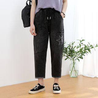 Drawstring-waist Star Embroidered Straight-cut Cropped Jeans
