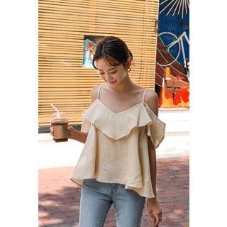 Off-shoulder Ruffled Linen Blend Top