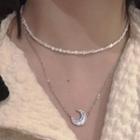 Set: Moon Rhinestone Pendant Necklace + Choker Set Of 2 - Silver - One Size