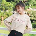 Long-sleeve Heart Embroidered T-shirt Khaki - One Size