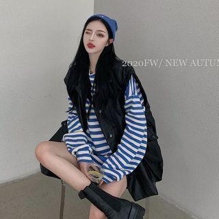 Loose-fit Striped Sweatshirt / Faux-leather Vest